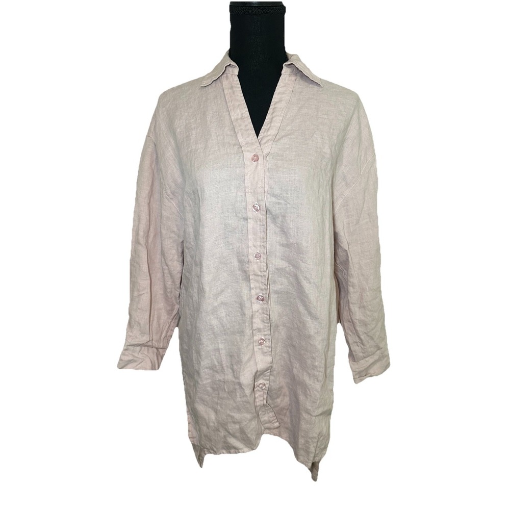 Crown Linen Designs Women's XS/S Linen Dusty Rose Hi Low Button Up Tunic Blouse